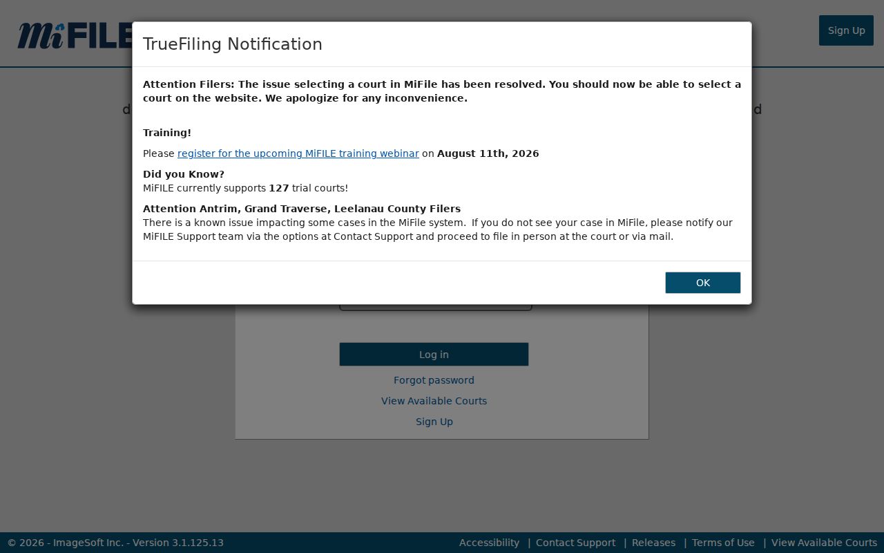 Tuscola County case records MiFILE filing login interface