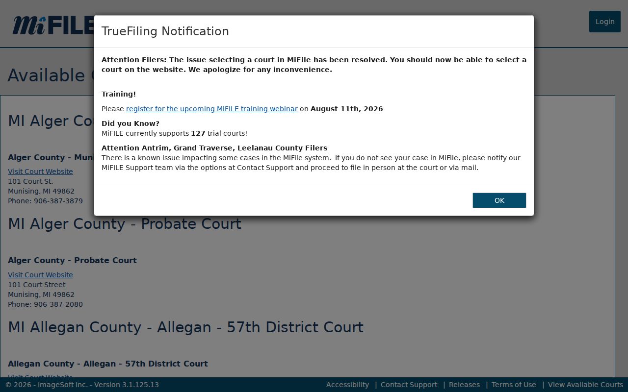 Tuscola County civil docket MiFILE available courts directory