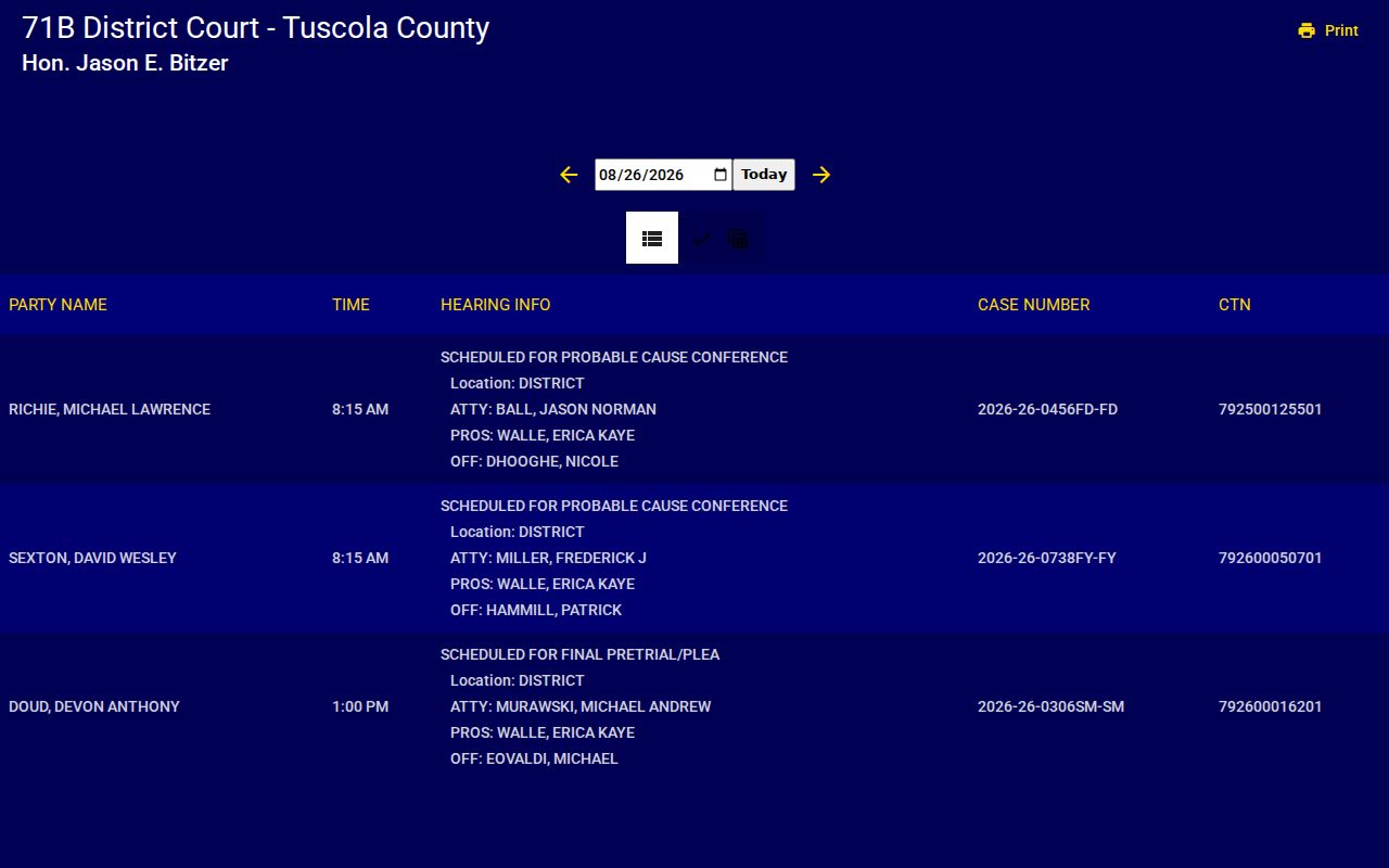 Tuscola County court calendar public 71B District Court docket display