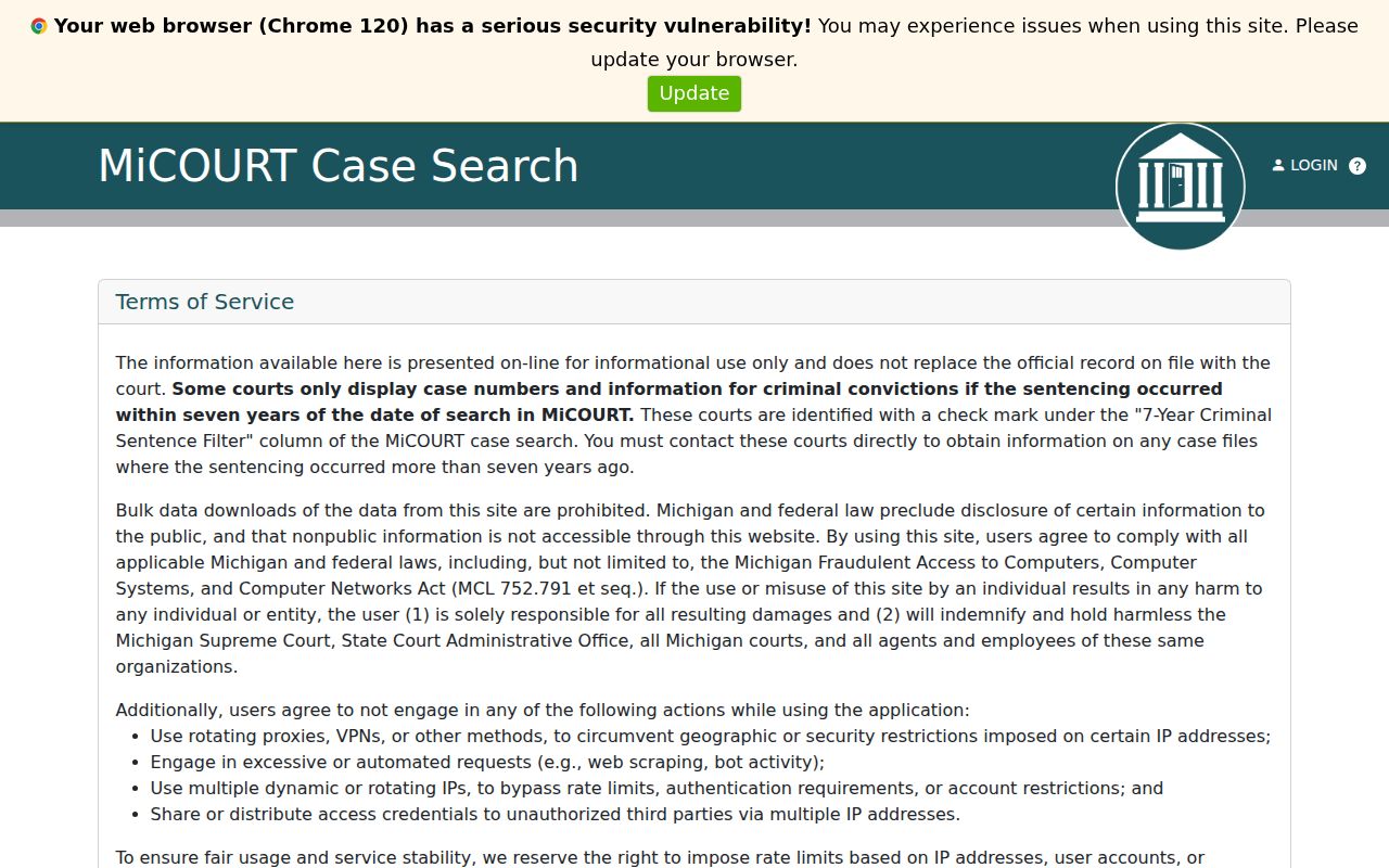 MiCOURT search form for Tuscola County 54th Circuit Court criminal case records